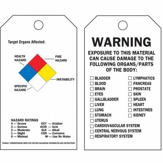 Brady Health Hazard Tag Vinyl 5 3 4 Inh X 3 Inw Black Blue Red Yellow 9laf8 76203 Grainger