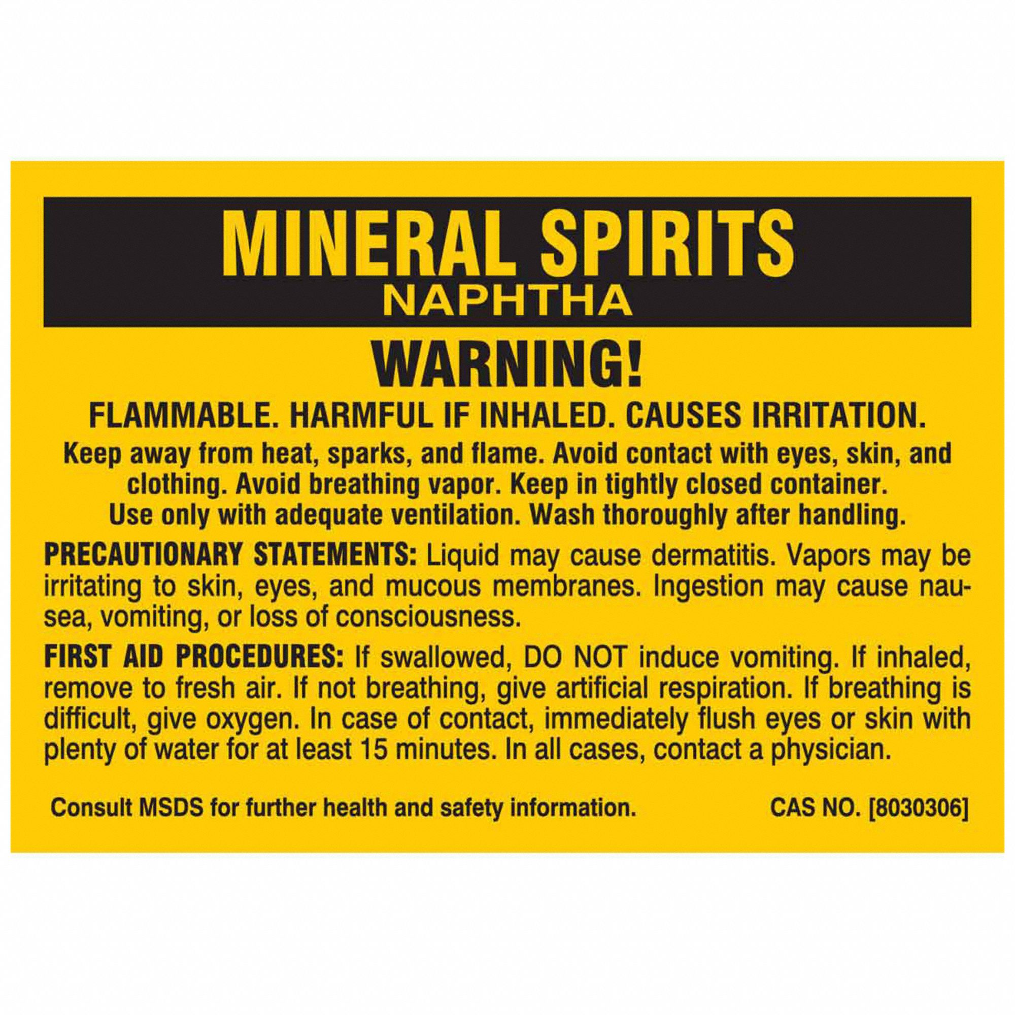 Mineral Spirits, 2 in Ht, Label 9LCP17287PLS Grainger