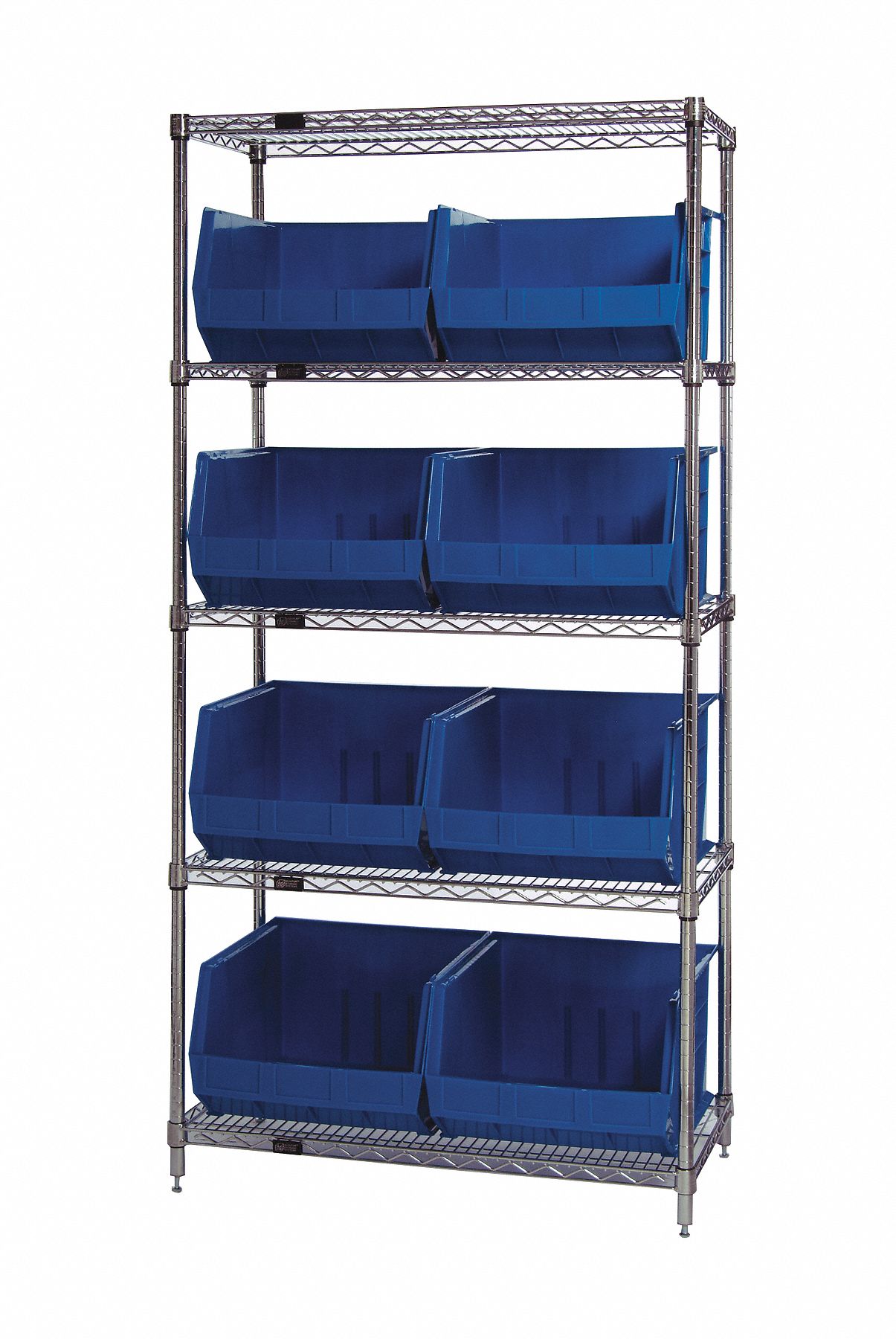 Bin Shelving: 36 in x 18 in x 74 in, 8 Bins, 5 Shelves, Open, Blue