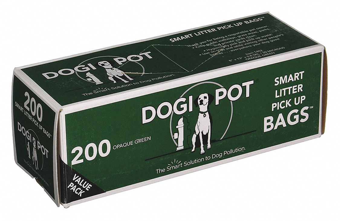 Pet Waste Bags: 8 oz Capacity, 8 in Wd, 13 in Ht, Green, Cored Roll, 10 PK
