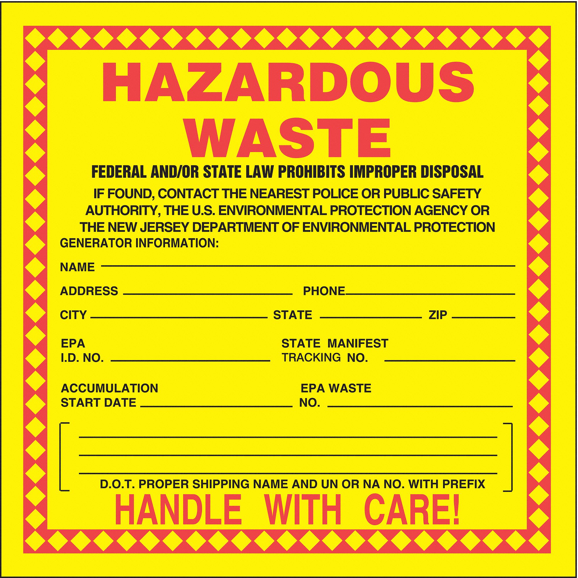 ACCUFORM SIGNS Self Adhesive Paper New Jersey Hazardous Waste Label, 6" Height, 6" Width   Non Hazardous and Hazardous Waste Labels   9LG01|MHZWNJPSP