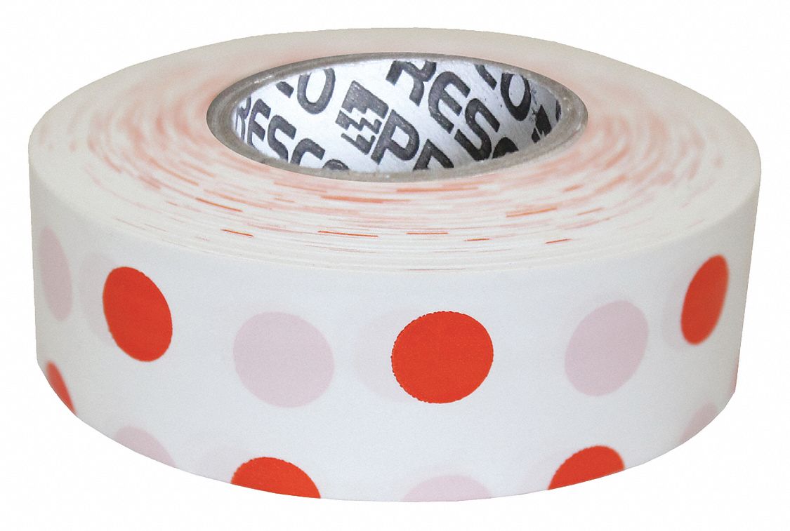 Flagging Tape: Orange/White, No Legend, Polka Dot, 300 ft Lg, 1 3/16 in Wd, Vinyl