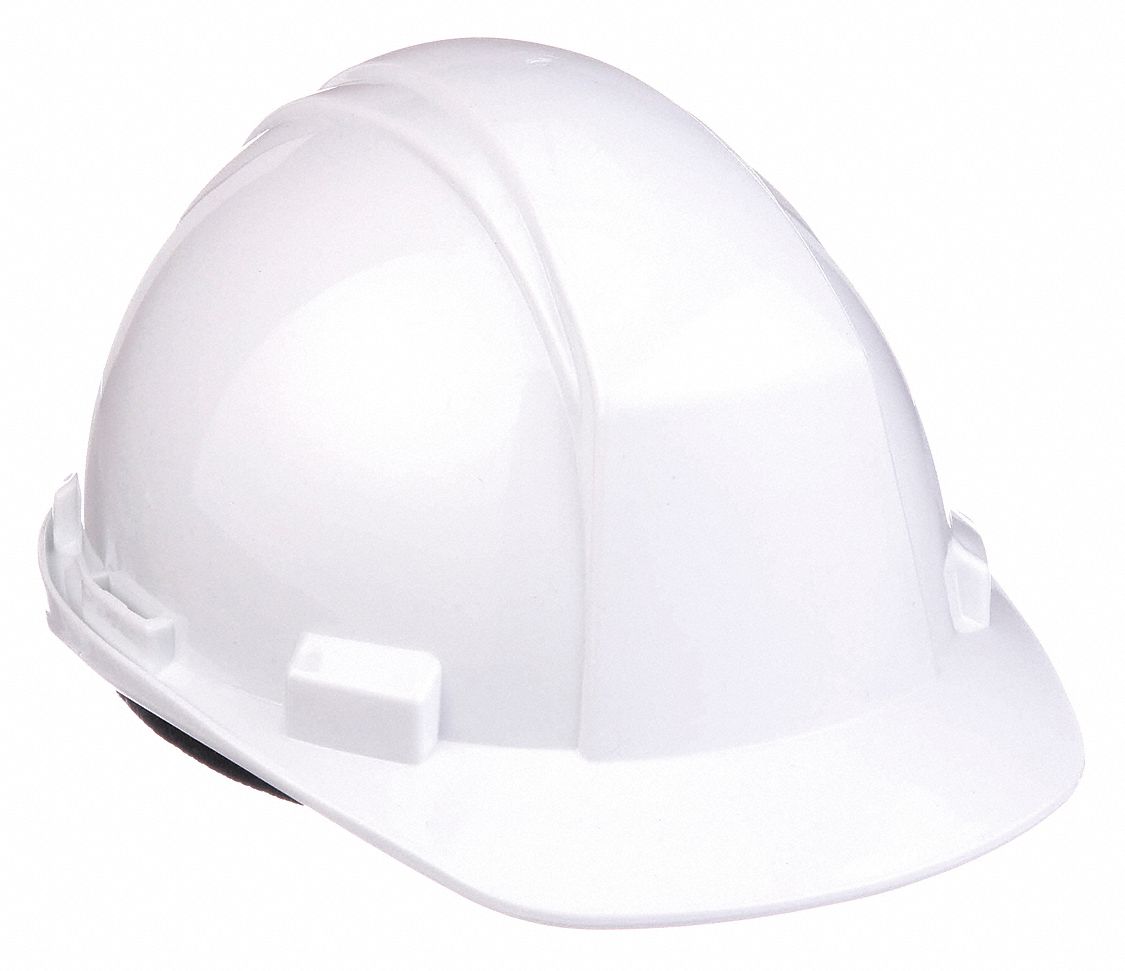 Hard Hat: White, No Graphics, Ratchet (4-Point), Ratchet, Polyethylene, Side-Slots, Solid