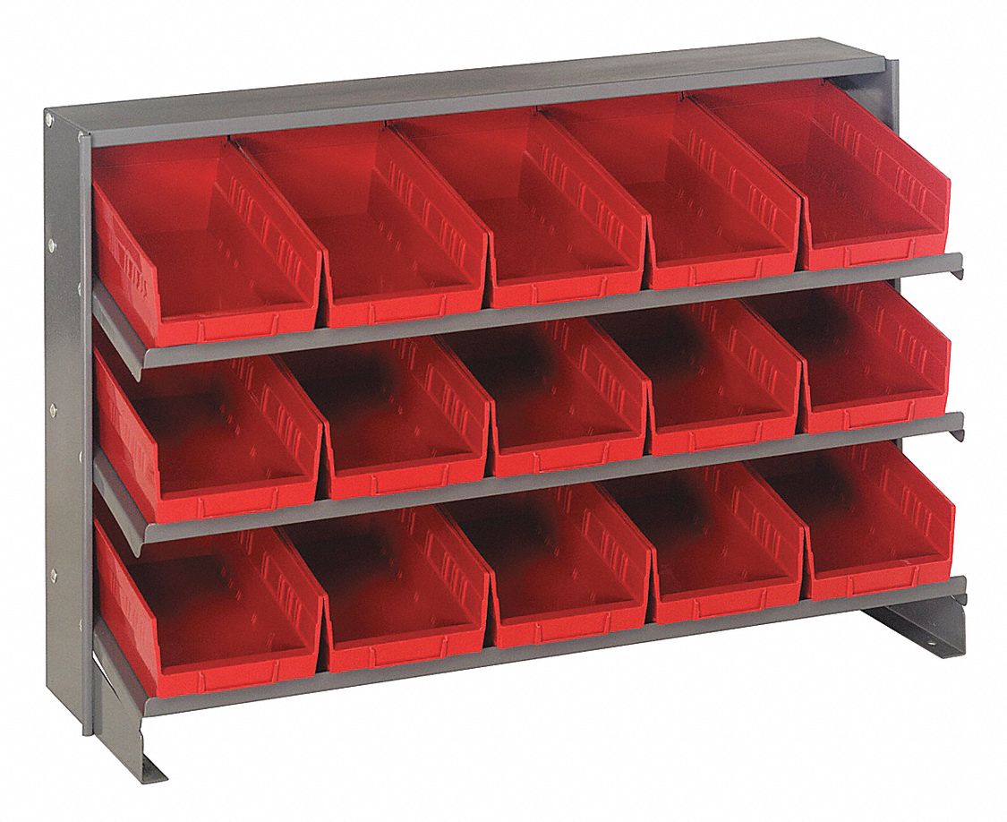 Bench Pick Rack: 36 in x 12 in x 21 in, 1 Sided, 15 Bins, Open, Shelf Bin