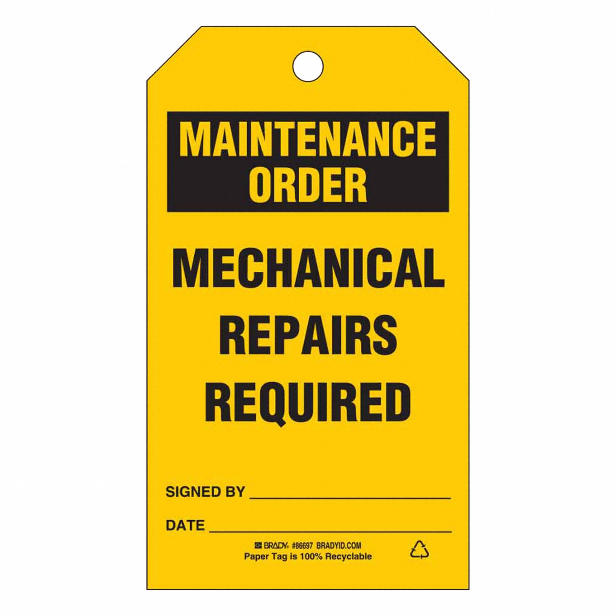 Tag: Maint Order, 3 in Wd, 5 3/4 in Ht, Black/Yellow, Rectangle, Indoor/Outdoor, English, 100 PK