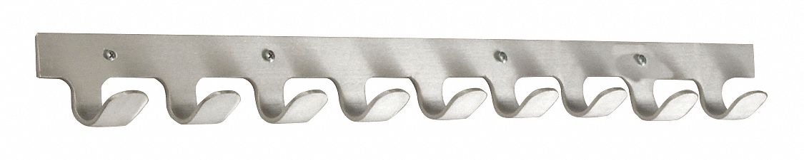 Garment Hook Rack: 10 Hooks, 2 in Overall Ht, 28 in Overall Wd, 1 1/2 in Overall Dp, Aluminum