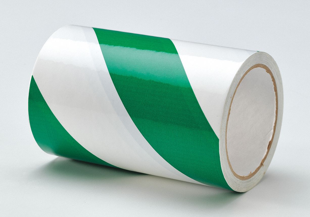 Floor Marking Tape: Gen Purpose, Striped, Green/White, 6 in x 54 ft, 7 mil Tape Thick