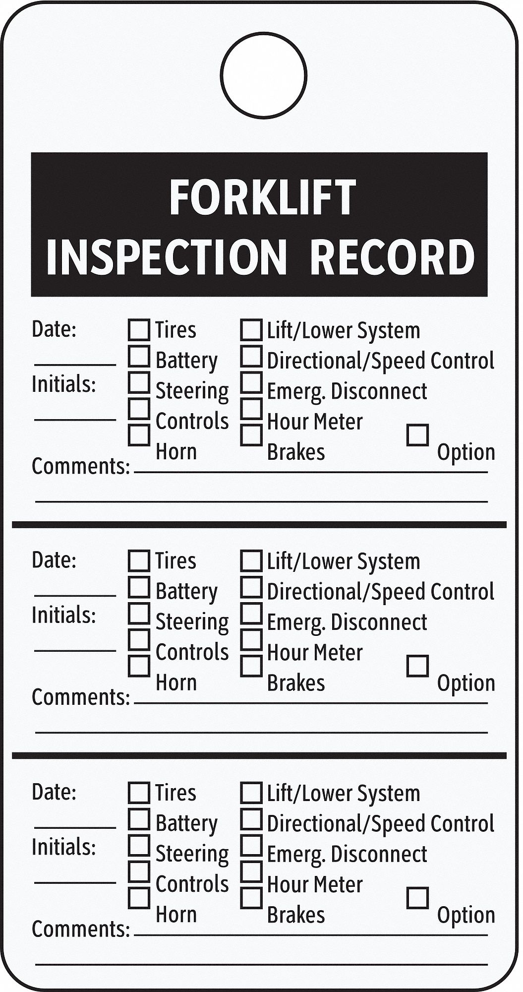 SEE ALL INDUSTRIES Inspection Tag Aluminum, Forklift Inspection Record