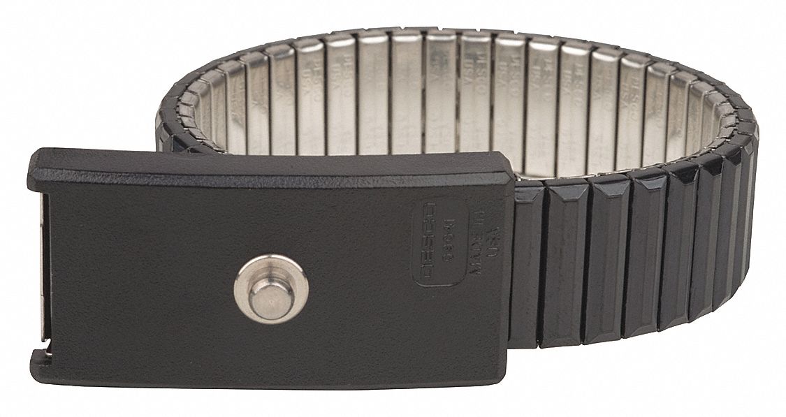 Wrist Strap: Metal, Black, 13 in Strap Lg - Max, 1 Strap Conductors, Coiled, Snap Fastening