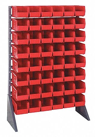 Bin Rail Floor Rack: 36 in x 15 in x 54 in, 1 Usable Sides, 48 Bins, Red