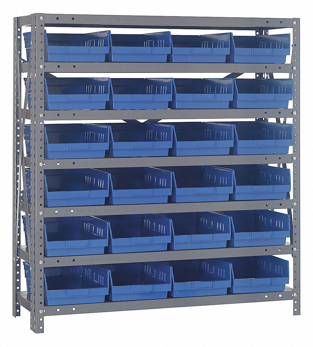 Bin Shelving: 36 in x 18 in x 39 in, 1 Sided, 24 Bins, Open, Shelf Bin, Blue