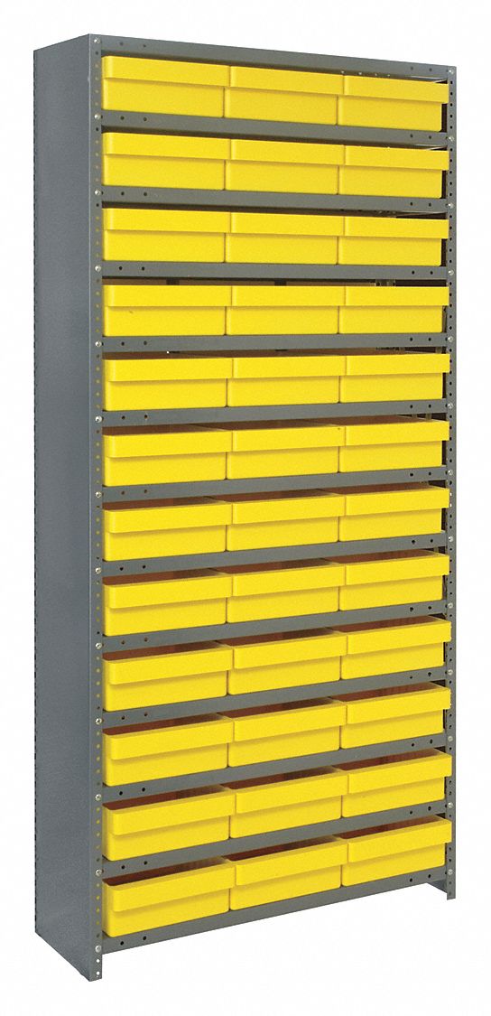 Enclosed Bin Shelving: 36 in x 12 in x 75 in, 1 Sided, 36 Bins, Closed