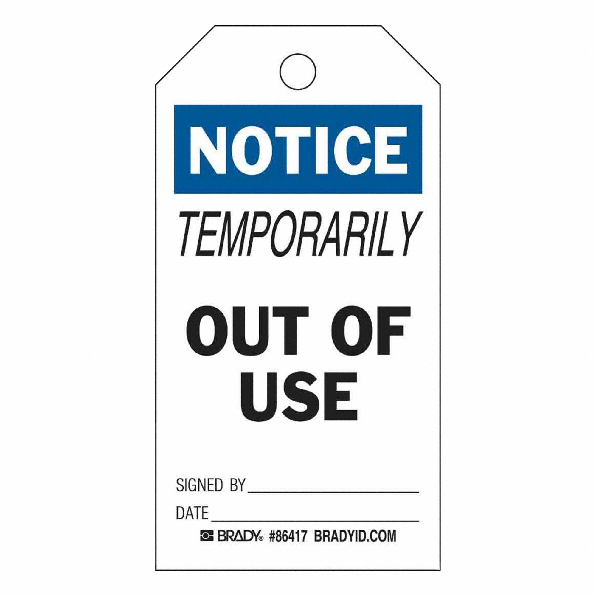 Tag: Notice, 3 in Wd, 5 3/4 in Ht, Black/Blue/White, Rectangle, Polyester, Indoor/Outdoor, 10 PK