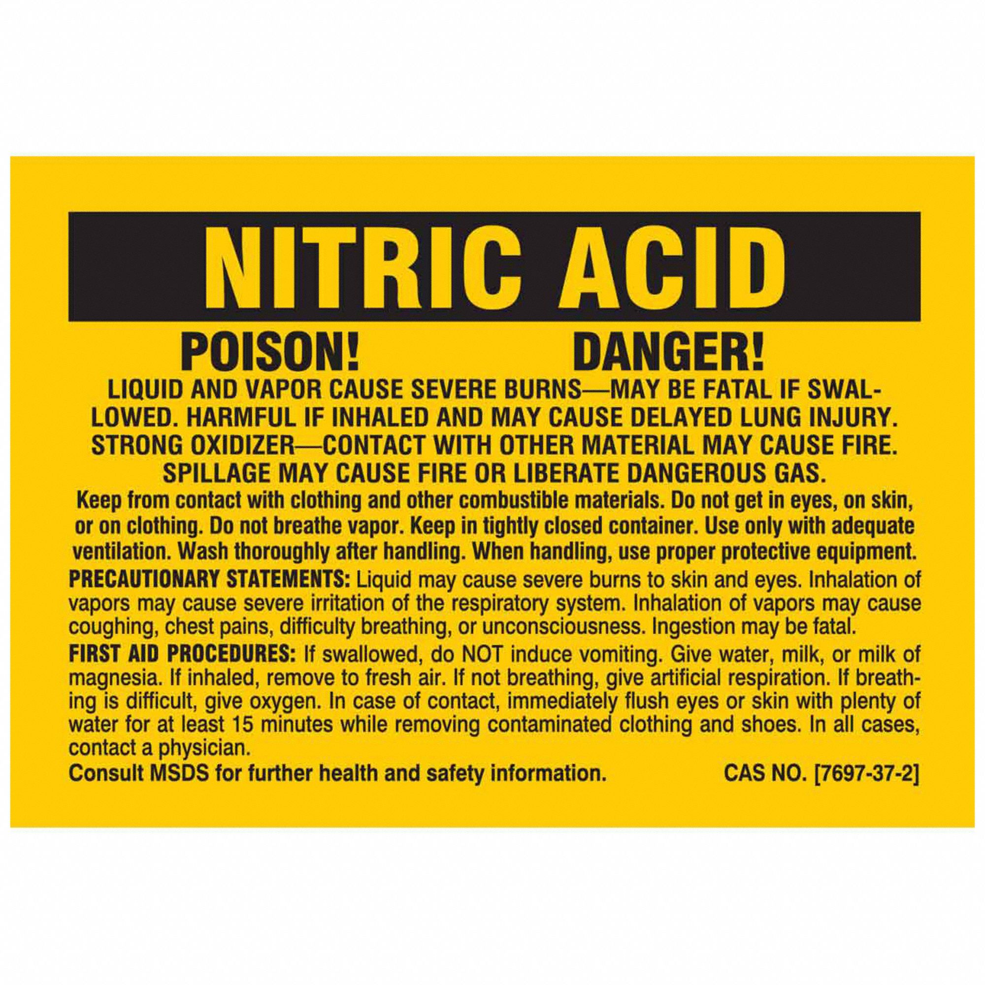 Nitric Acid, 2 in Ht, Label 9NLU07290PLS Grainger