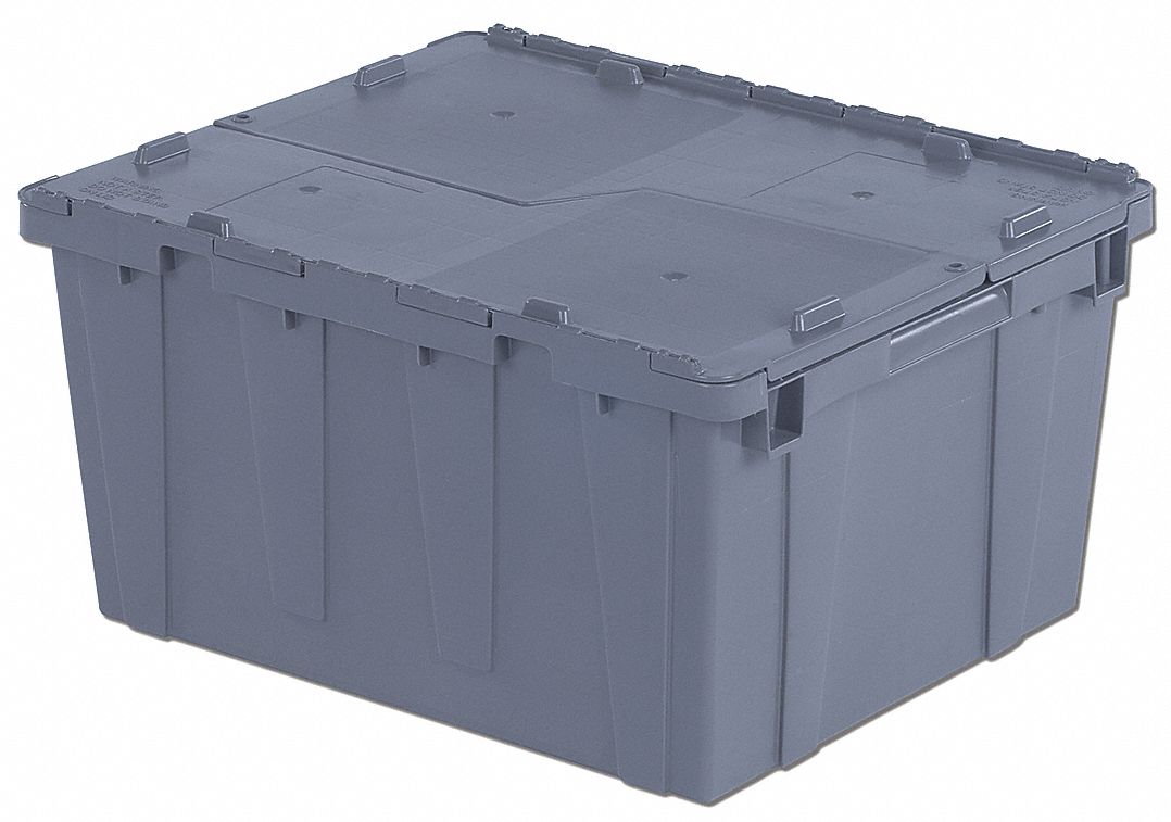 Attached Lid Tote: 20.2 gal, 23 7/8 in x 19 5/8 in x 12 5/8 in, Gray Body, Gray Lid, Plastic