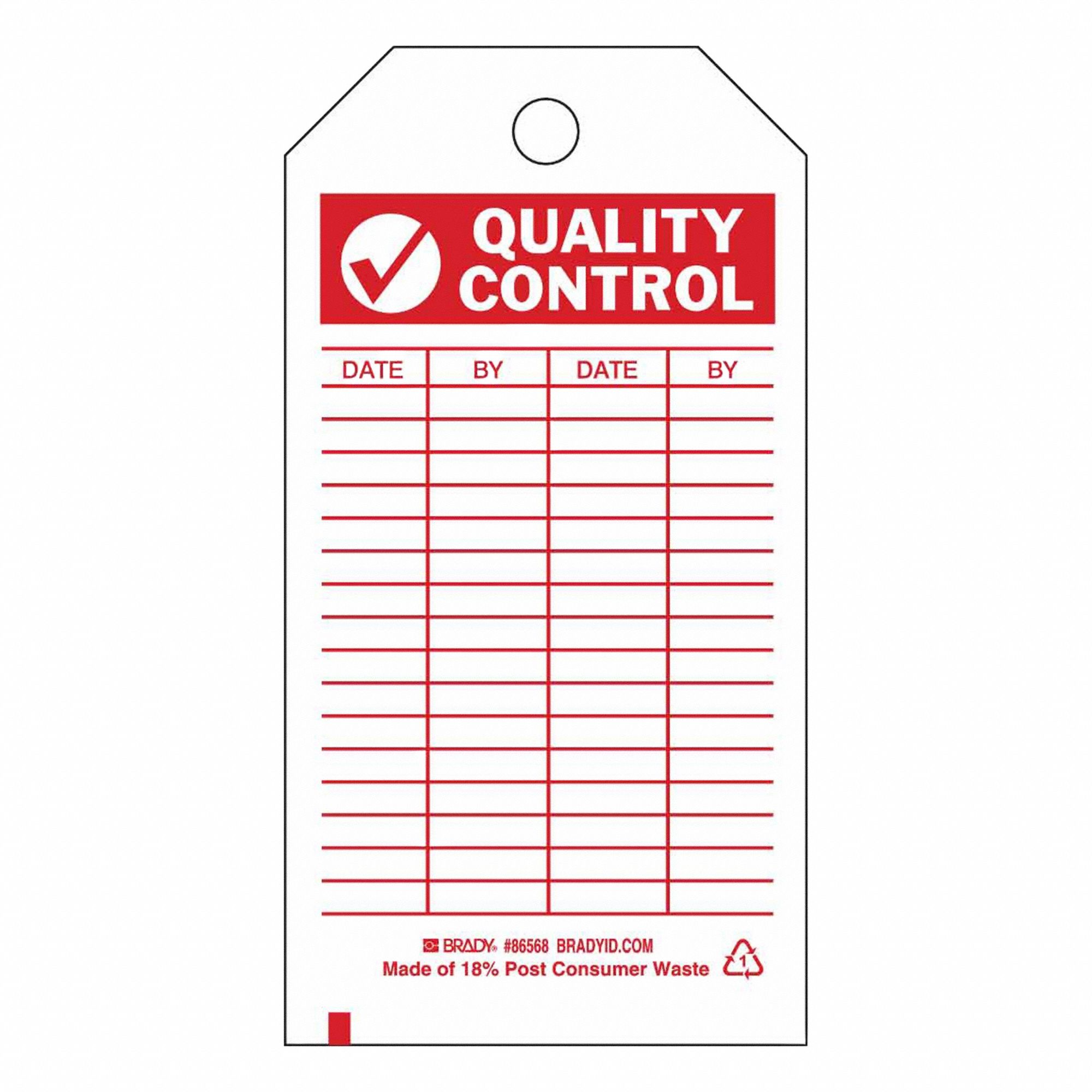 Tag: Quality Control, 3 in Wd, 5 3/4 in Ht, Red/White, Rectangle, Polyester, Indoor/Outdoor, 10 PK