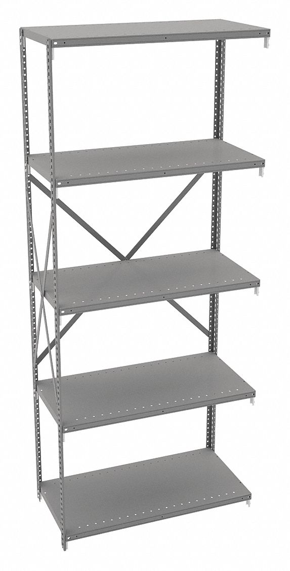 Metal Shelving: Add-On, Medium-Duty, 36 in x 12 in, 84 in Overall Ht, 5 Shelves, Solid Shelf