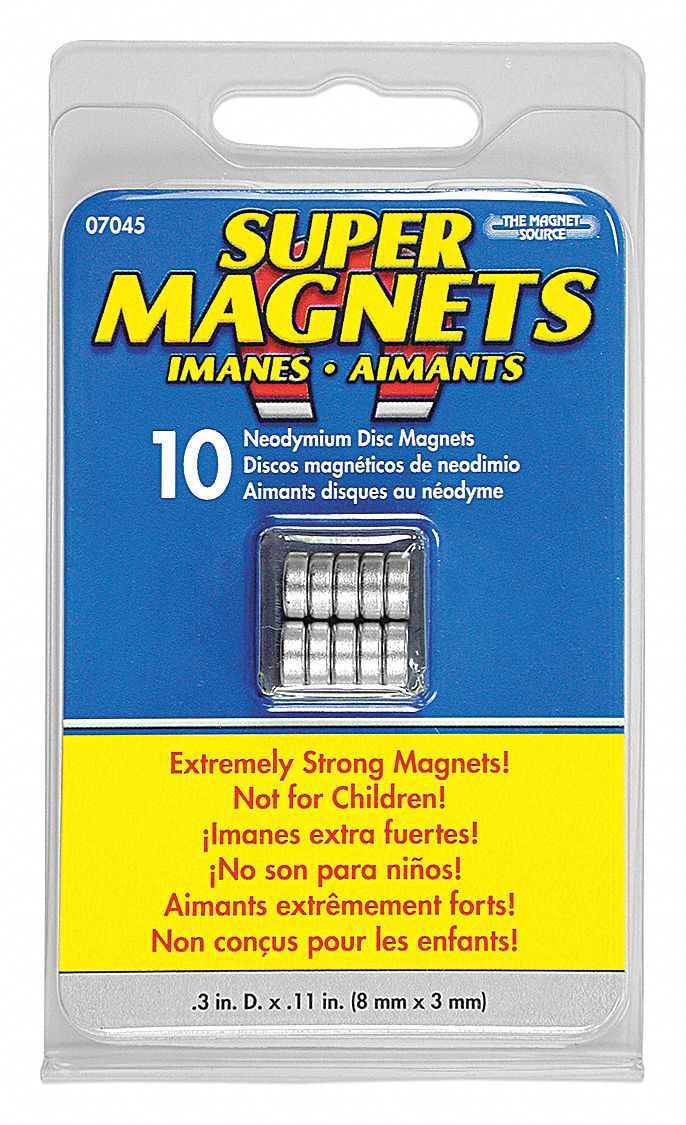 Rare Earth Magnet: Neodymium, 5/16 in Outside Dia, 0.118 in Thick, 35, Round, 10 PK