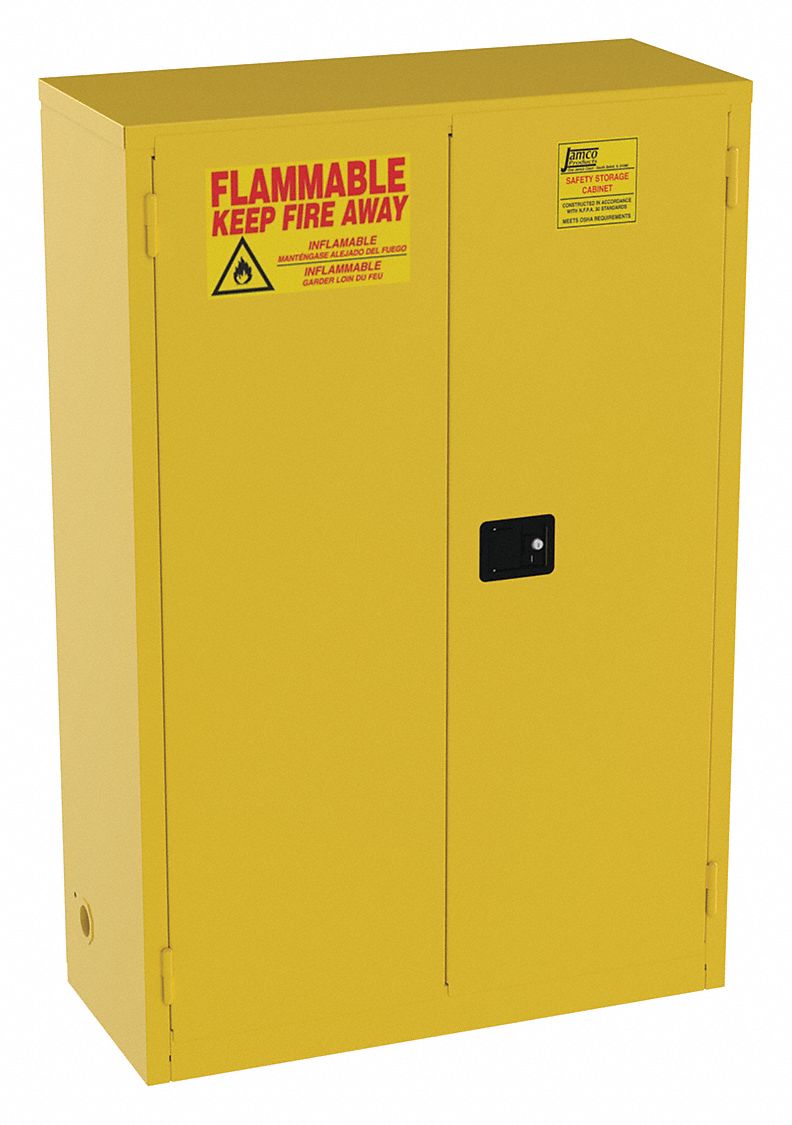 Hazardous Material Storage Cabinet: Std, 45 gal, 43 in x 18 in x 65 in, Yellow, Self-Closing