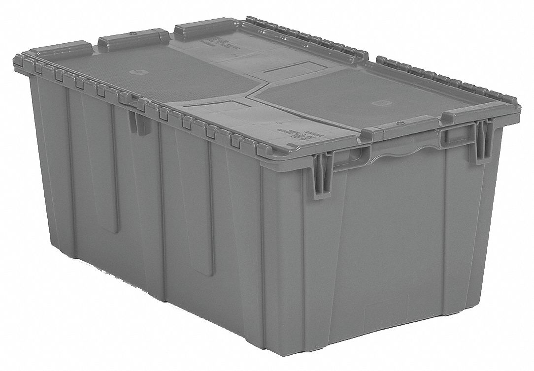 Attached Lid Tote: 17.2 gal, 26 7/8 in x 16 7/8 in x 12 1/8 in, Gray Body, Gray Lid, Plastic