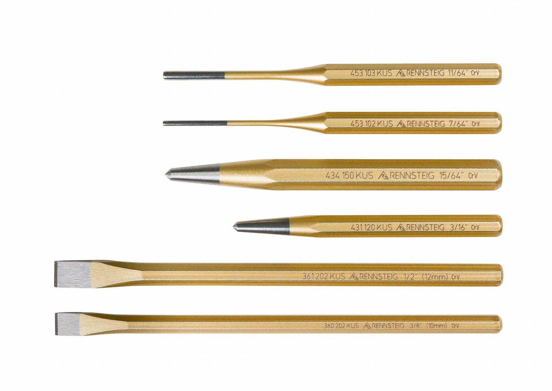 Punch and Chisel Set: 6 Pieces, Cold Chisel, Center Punch/Pin Punch, Tube