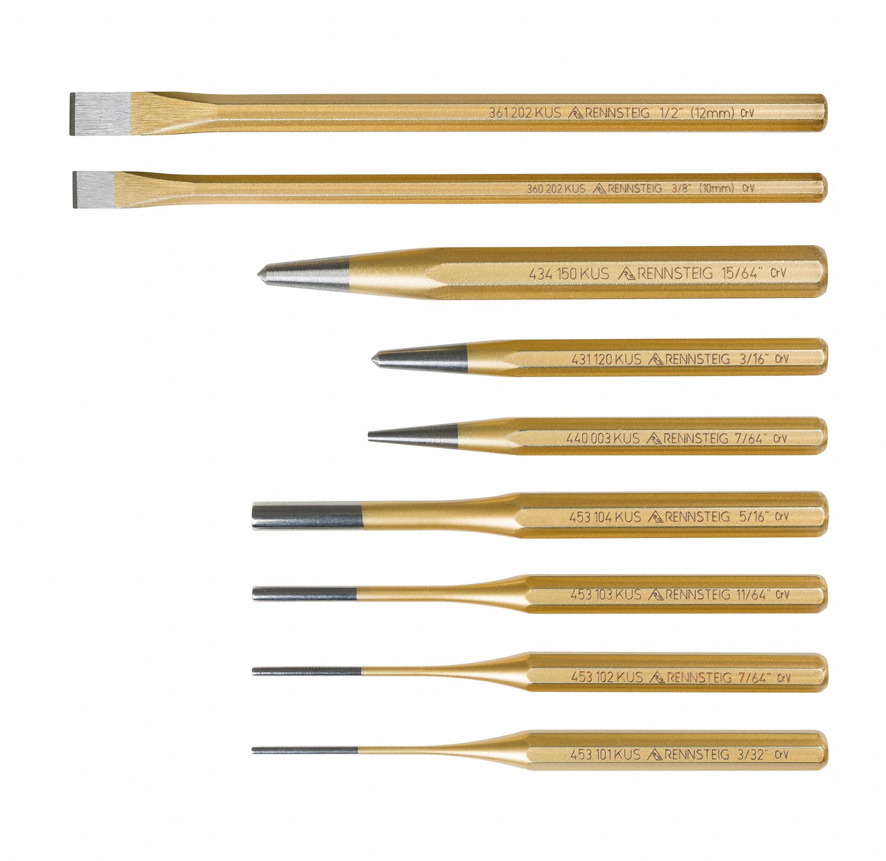 Punch and Chisel Set: 9 Pieces, Cold Chisel, Center Punch/Pin Punch/Taper Punch, Tube