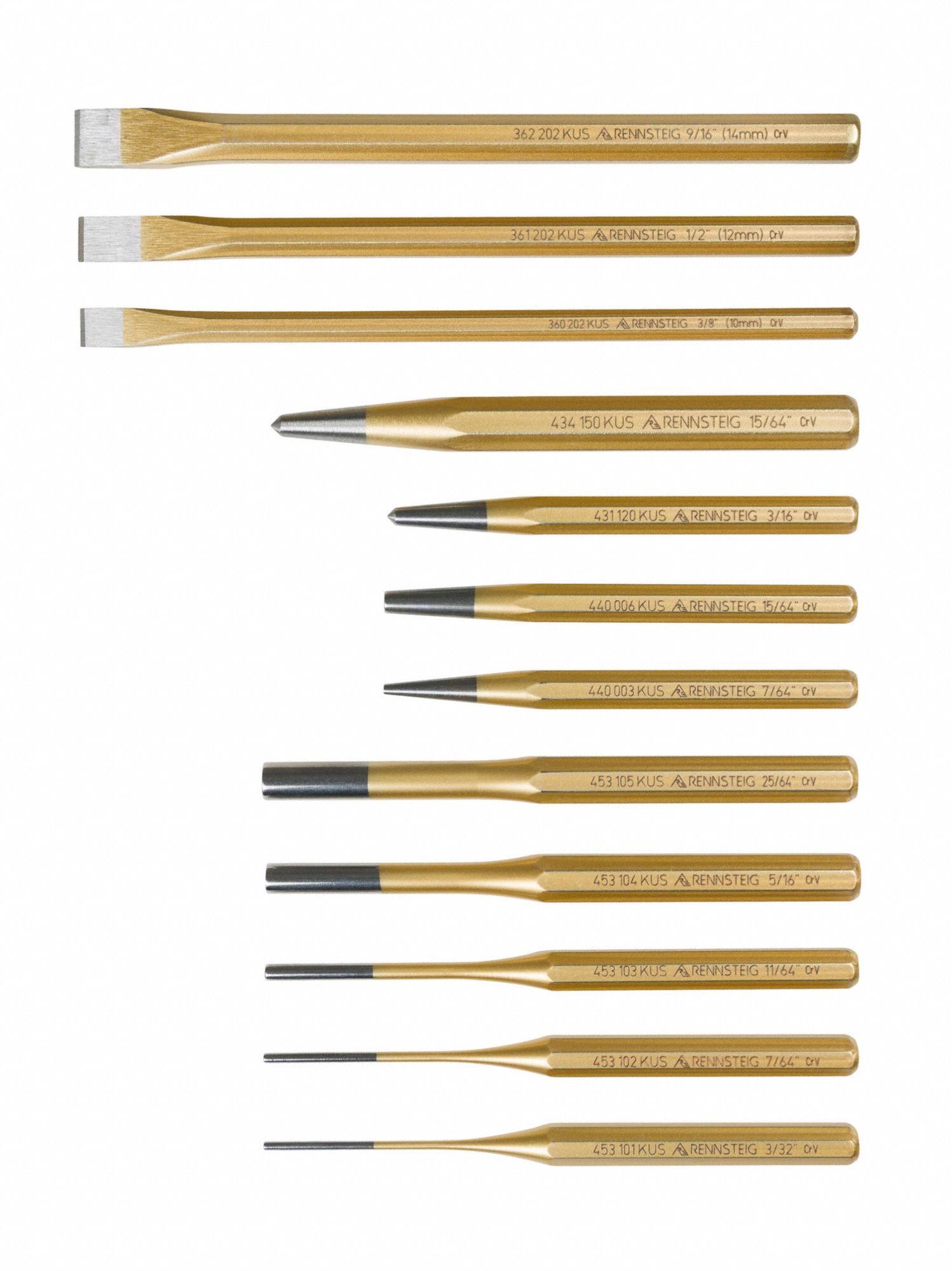Punch and Chisel Set: 12 Pieces, Cold Chisel, Center Punch/Pin Punch/Taper Punch, Tube