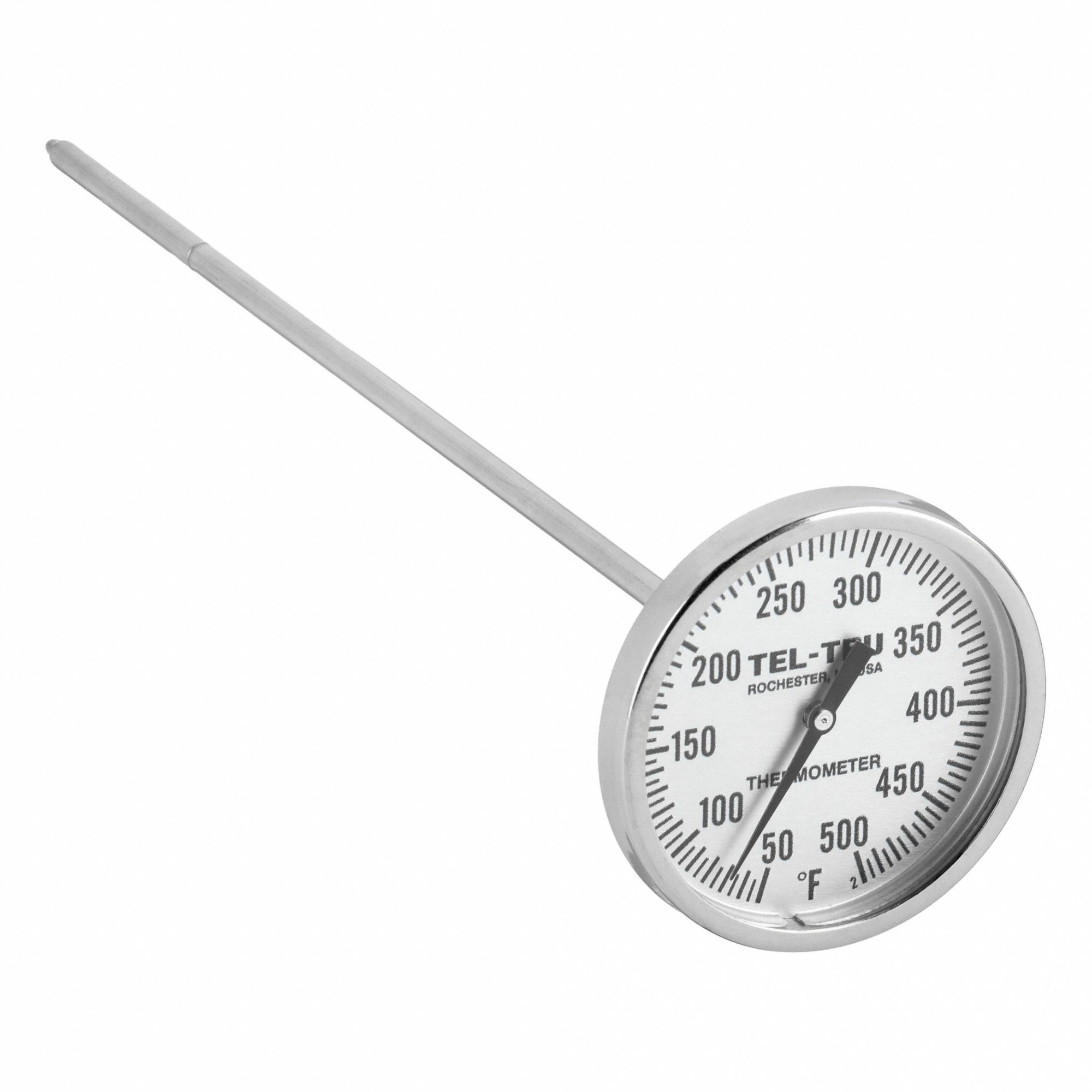 Laboratory Dial Thermometer: 50°F to 500°F, +/- 1% Accuracy, 8 in Stem Lg, Fahrenheit