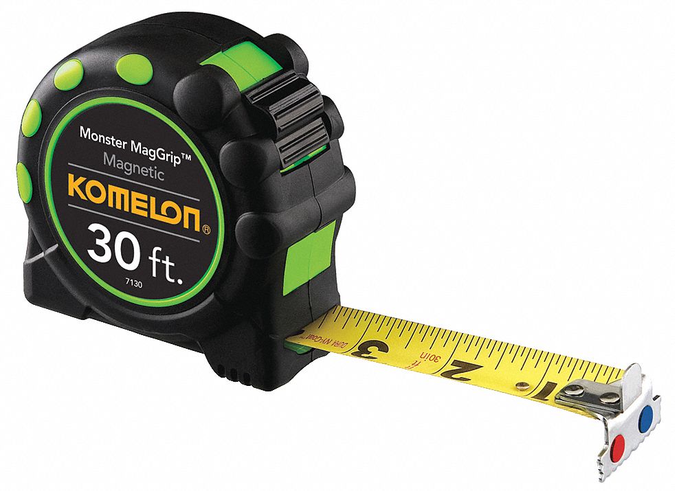 Magnetic Tip Tape Measure: 30 ft Blade Lg, 1 in Blade Wd, in/ft, Closed, Rubberized, Steel