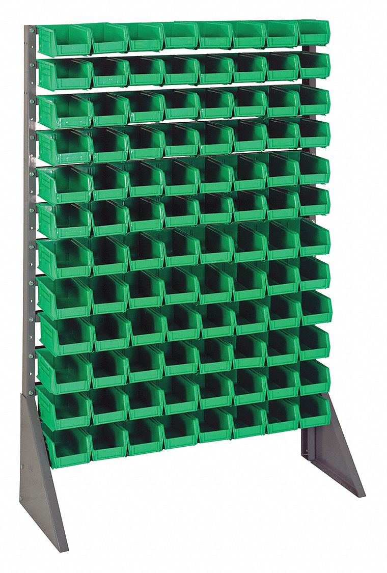 Bin Rail Floor Rack: 15 in x 36 in x 54 in, 1 Usable Sides, 96 Bins, Green