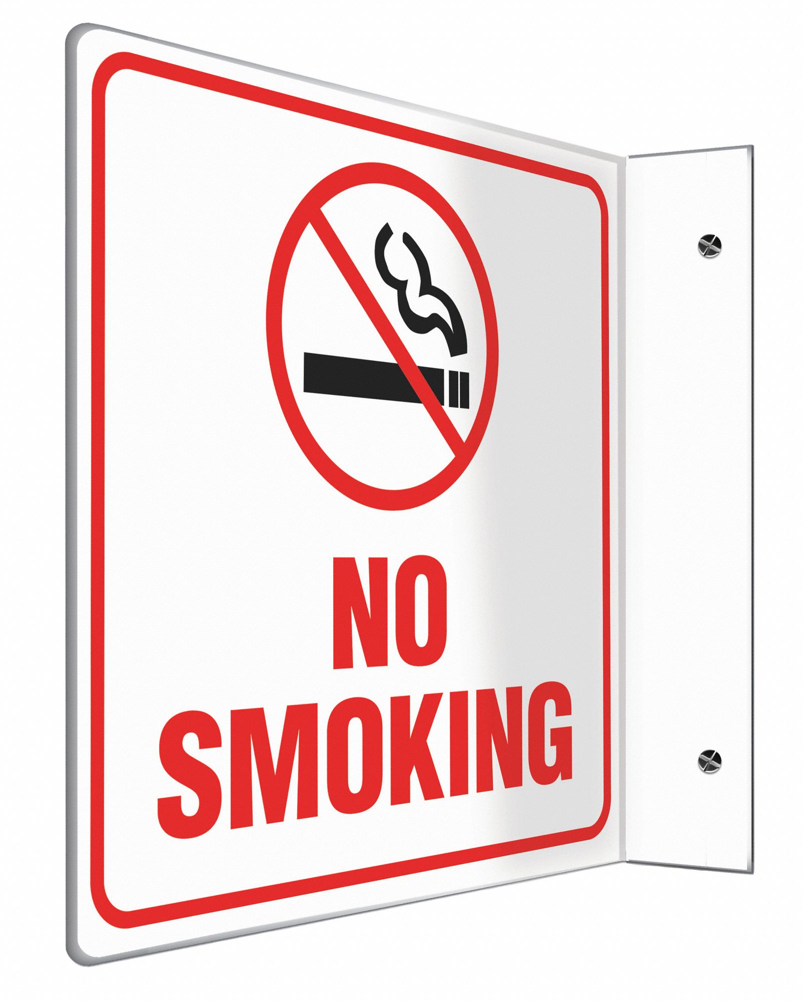 NO SMOKING SIGN, NO HEADER, PLASTIC, 8 IN X 8 IN, WITH MOUNTING HOLES, L-SHAPED, NOT RETROREFLECTIVE