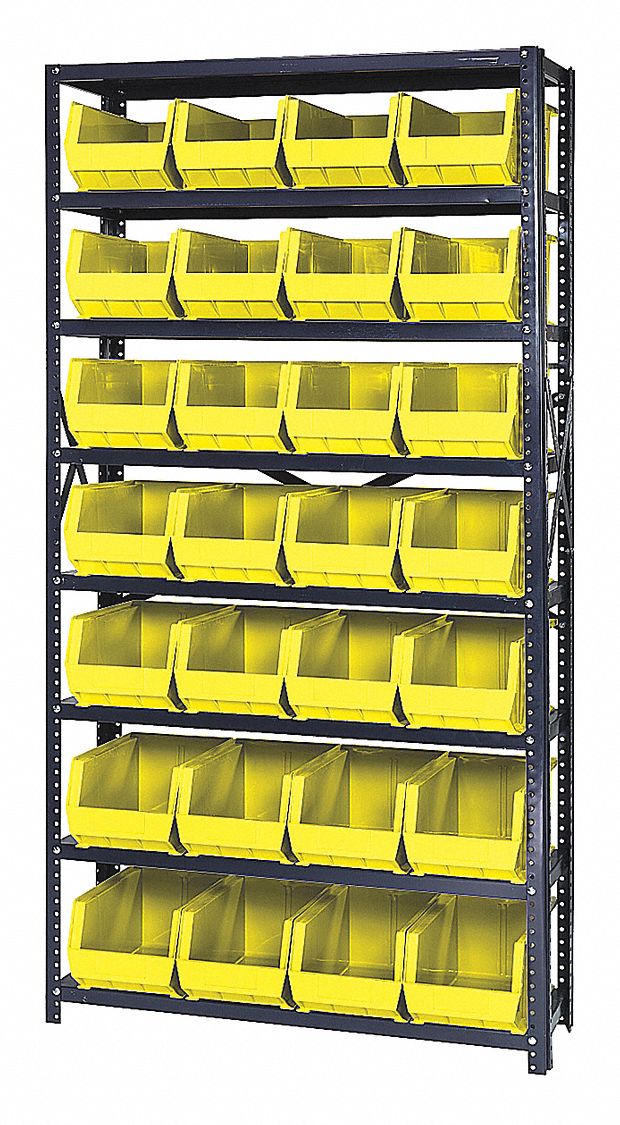 Bin Shelving: 36 in x 12 in x 75 in, 1 Sided, 28 Bins, Open, Yellow