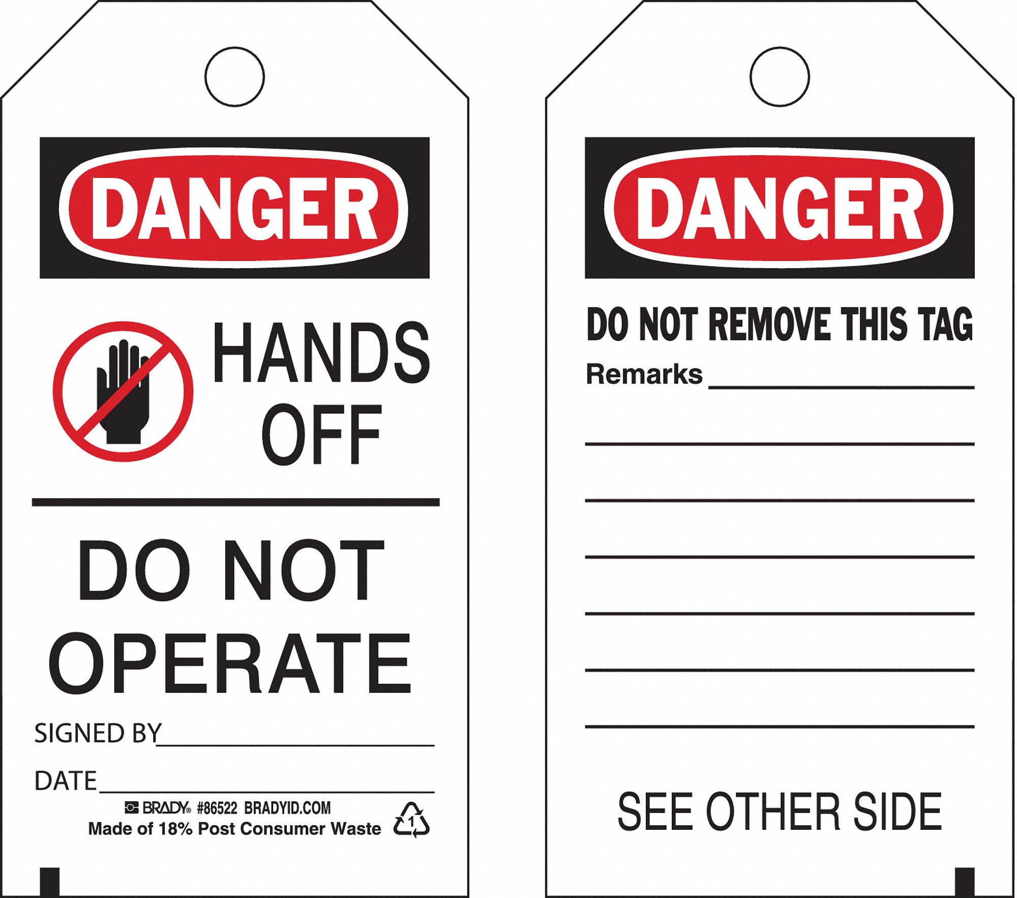 Danger Tag: Danger, HANDS OFF DO NOT OPERATE SIGNED BY___DATE___, Polyester, Write-On Surface