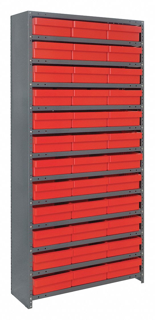Enclosed Bin Shelving: 36 in x 12 in x 75 in, 1 Sided, 36 Bins, Closed, Red