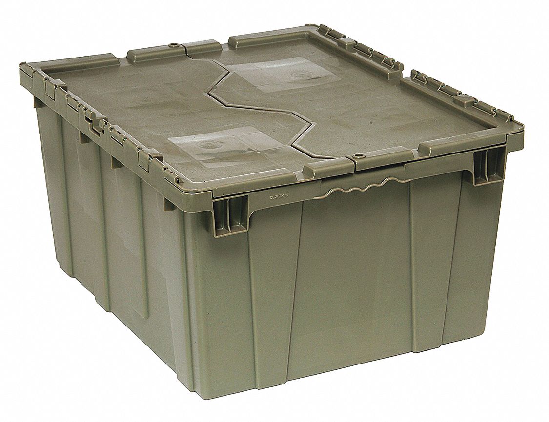Attached Lid Tote: 29.9 gal, 28 1/8 in x 20 5/8 in x 15 5/8 in, Gray Body