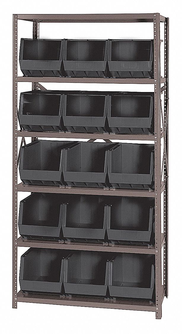 Bin Shelving: 36 in x 18 in x 75 in, 1 Sided, 15 Bins, Open, Black