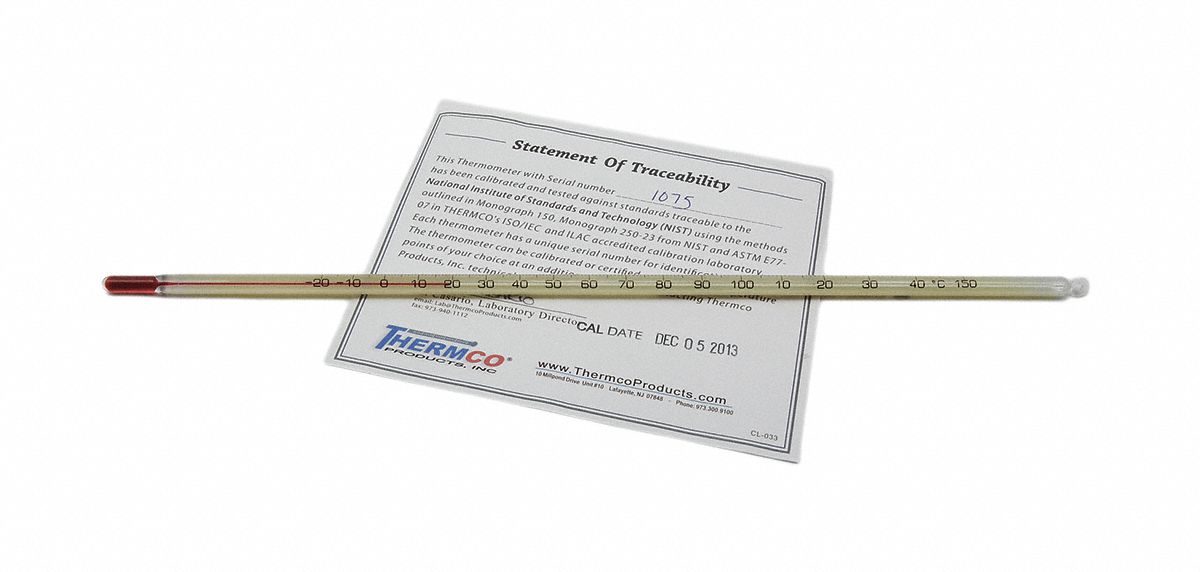 Liquid In Glass Thermometer: 0°F to 300°F, Partial Immersion, 76 mm Immersion Dp, +/-4.0°