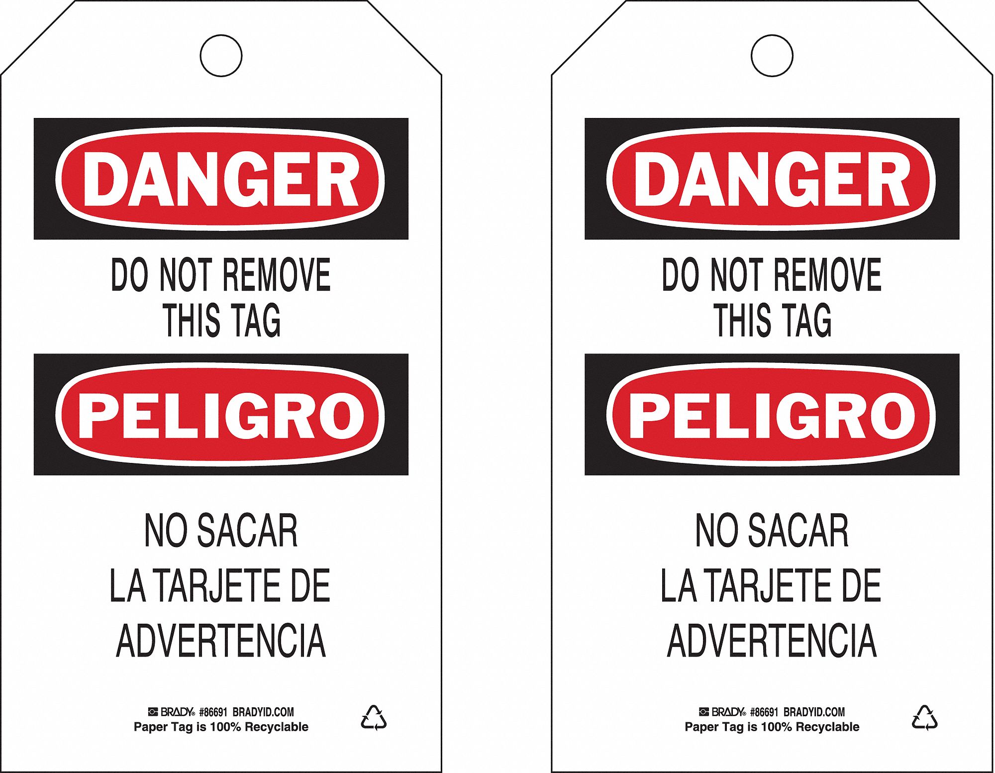 Danger Bilingual Tags: Danger/Peligro, Do Not Remove Tag, Paper, Write-On Surface, Tag, Paper