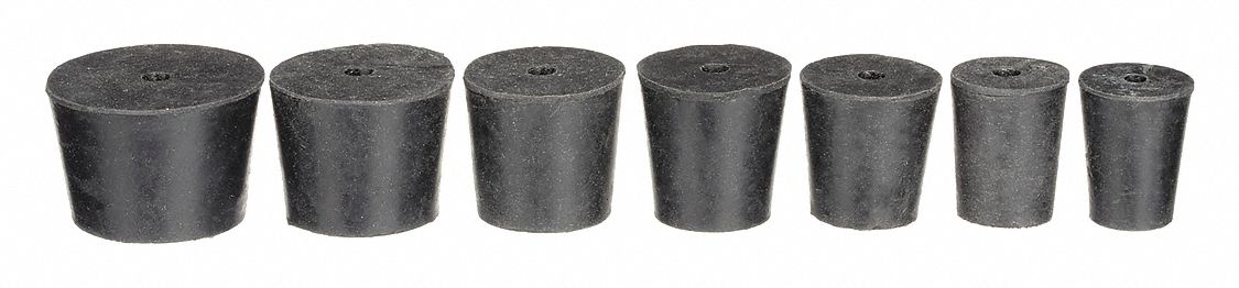 Stopper: Natural Rubber, 00 to 7 Stopper Size, 25 mm Overall Ht, Stopper Set, Black, Autoclavable