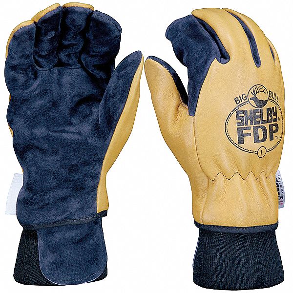 Firefighters Gloves: Structural, Nomex Knit, L, Brushed Pigskin Leather, Gold/Blue, 1 PR