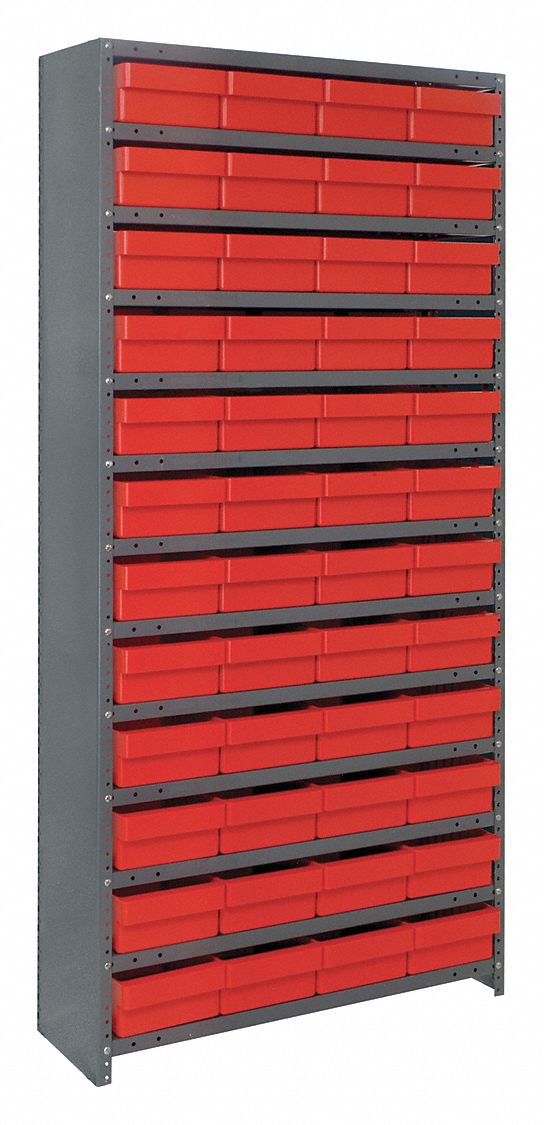 Enclosed Bin Shelving: 36 in x 18 in x 75 in, 1 Sided, 48 Bins, Closed, Red