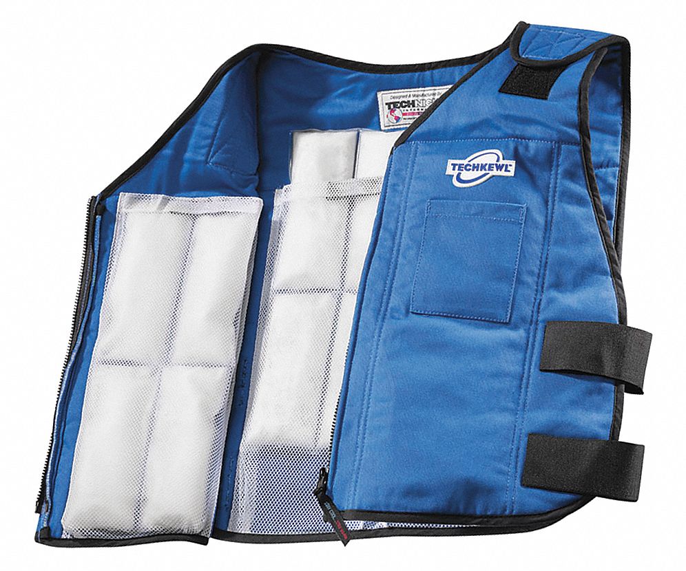 Cooling Vest: Cold Pack Inserts, XL, Blue, Cotton, 2 to 3 hr, Zipper, 3 hours, 58° F, Blue