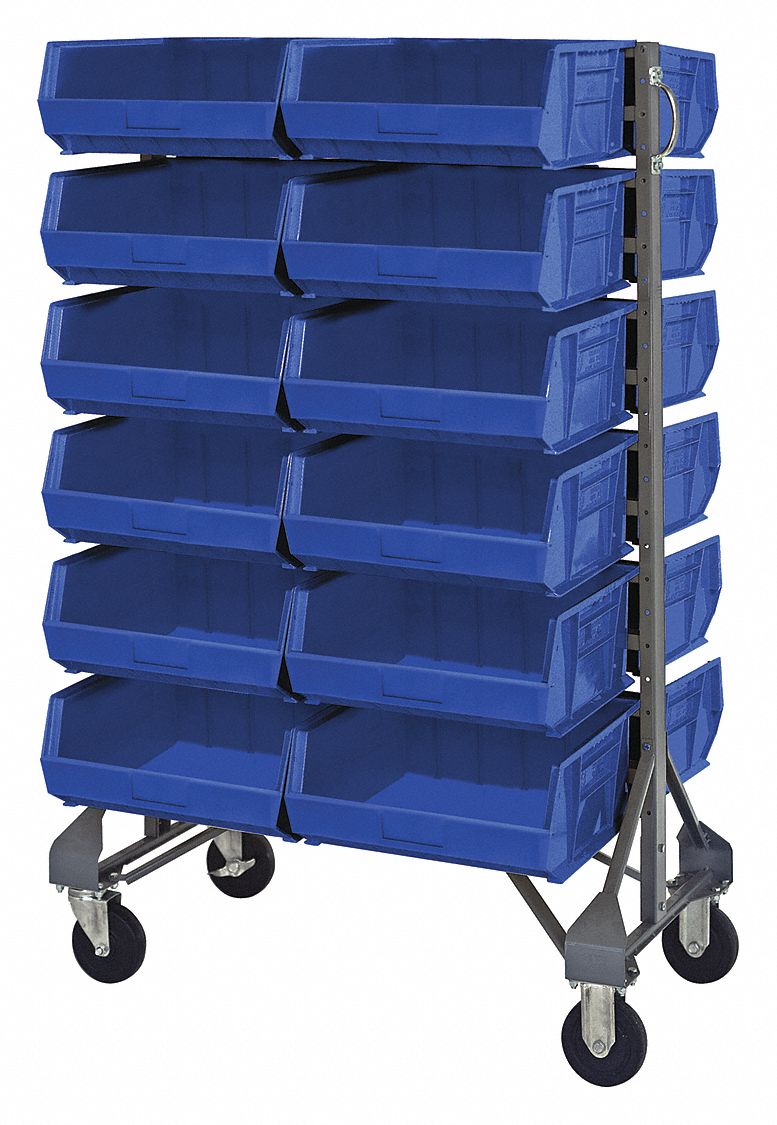 QUANTUM STORAGE SYSTEMS 2Sided Mobile Bin Rail Floor Rack with 24 Bins