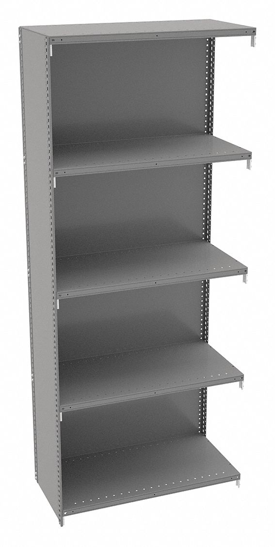 Metal Shelving: Add-On, Medium-Duty, 36 in x 12 in, 84 in Overall Ht, 5 Shelves, Solid Shelf