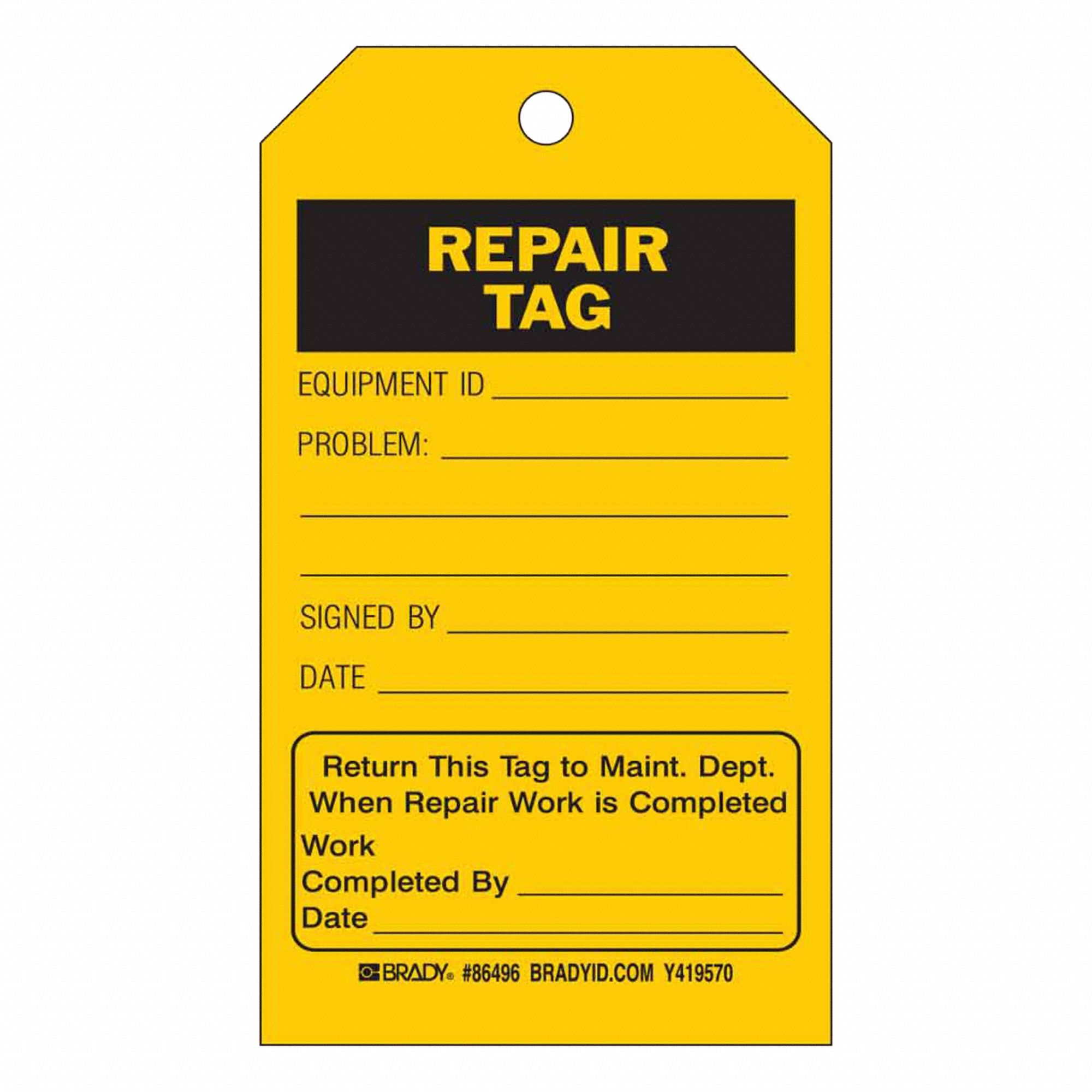 Tag: Repair Tag, 4 in Wd, 7 in Ht, Black/Yellow, Rectangle, Matte, Indoor/Outdoor, English, 10 PK