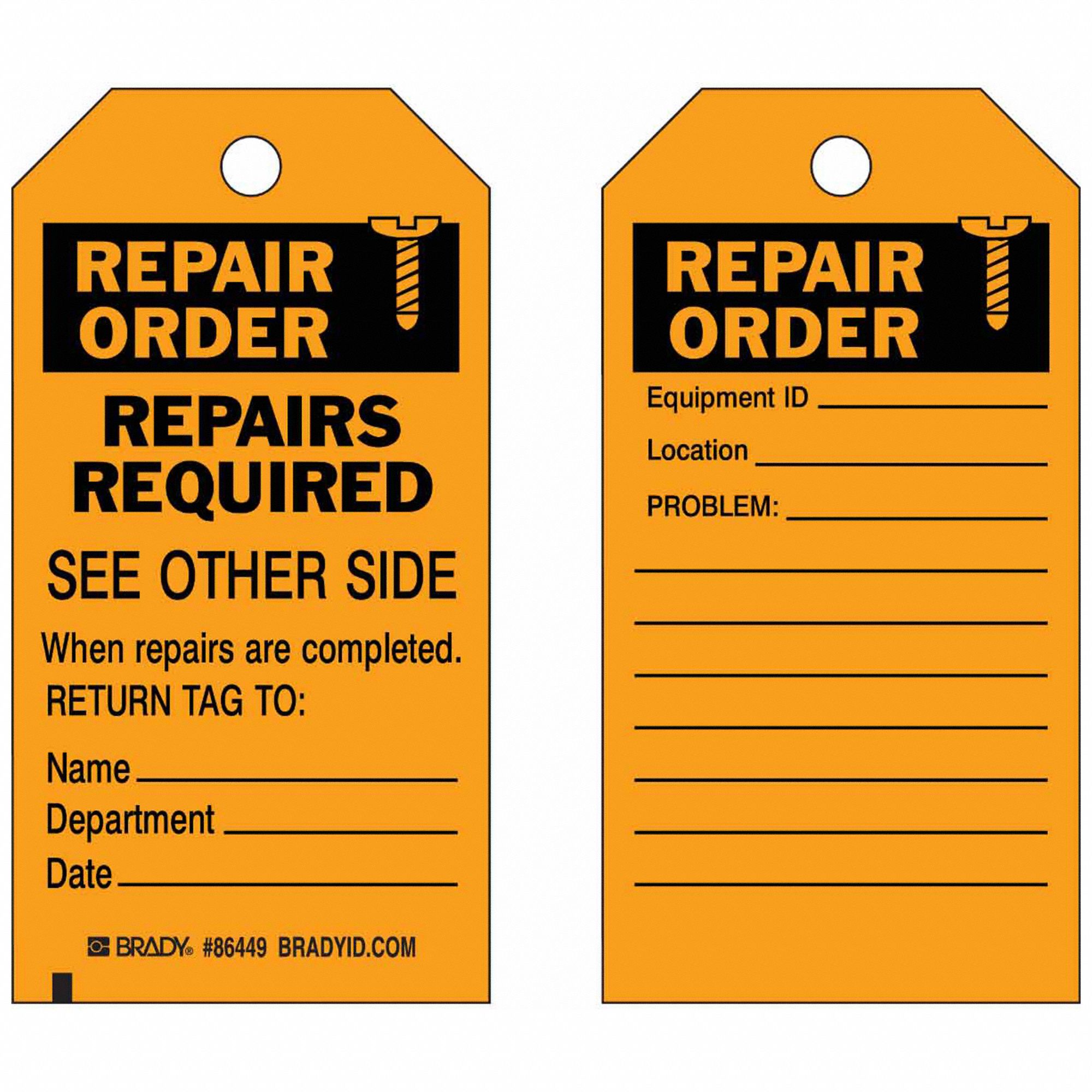 BRADY 86449 Rpr Ord Tag,5-3/4 x 3 In,Bk/Orn,Brs,PK10 9WFL5