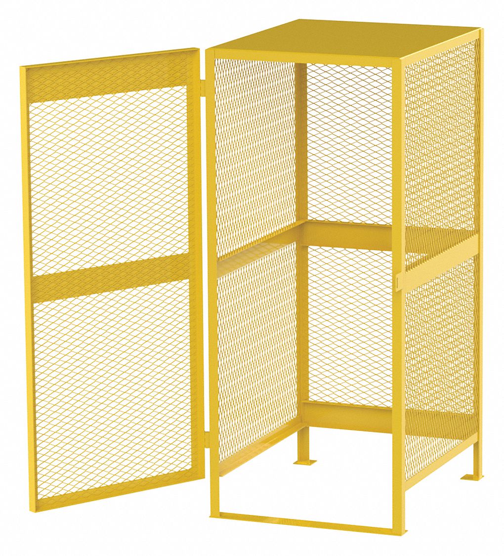 CYLINDER STORAGE CABINET, 10 VERTICAL CYLINDERS, 33 IN X 40 IN X 71 IN, STEEL, YELLOW, MANUAL CLOSE