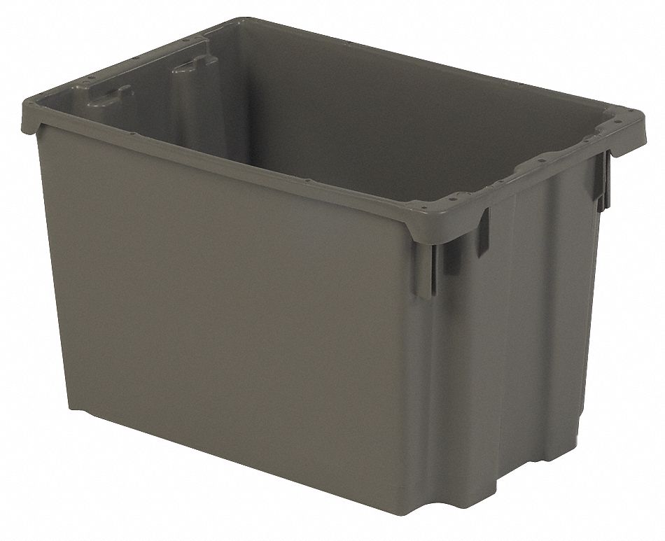 Stacking and Nesting Tote: 9.7 gal, 19 3/8 in x 12 7/8 in x 12 1/8 in, Gray