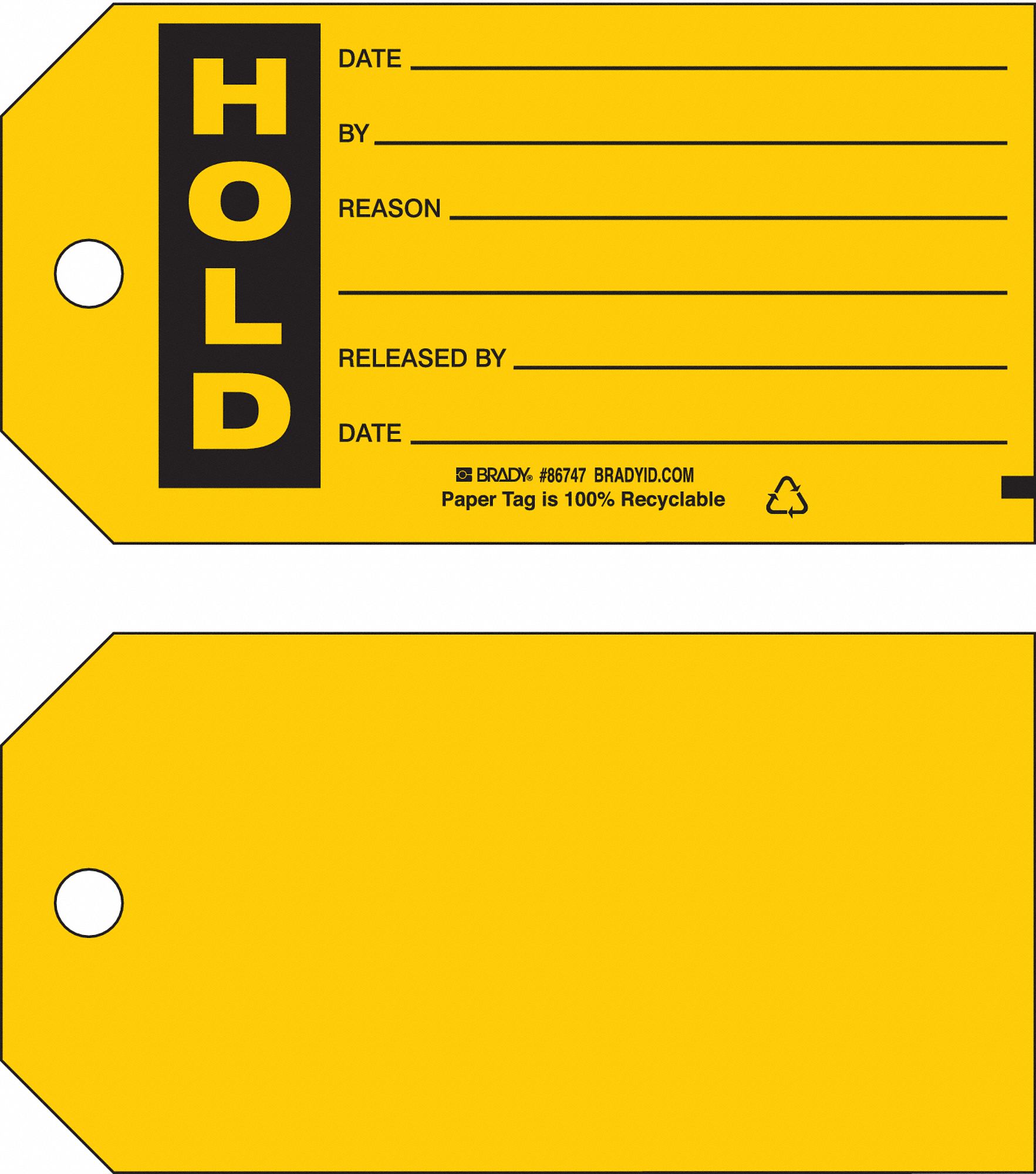 BRADY Hold Tag, Cardstock, Height 3 in, Width 5 3/4 in, Yellow