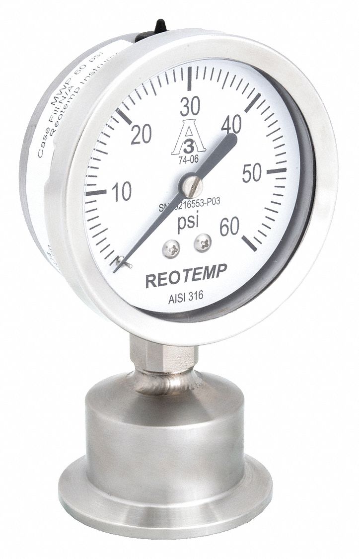 Pressure Gauge: 0 psi to 60 psi, 2 1/2 in Dial, 1 1/2 in Tri-Clamp, Bottom, ±2.00% Accuracy